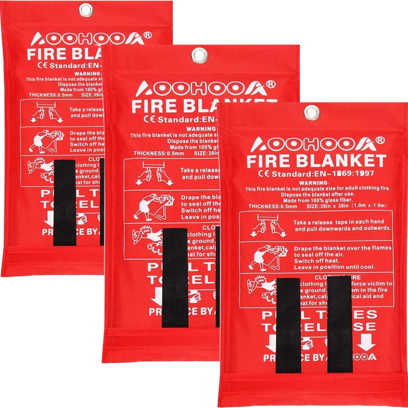AOOHOOA Fire Blanket Fiberglass Emergency Fire Safety Blankets Flame Retardant Protection for Kitchen,Camping,Fireplace,Grill,Car,RV,Boat (3 Pack) - Image 1